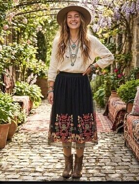 New Boho Black Embroidered Mesh Skirt M-L 2 Layers Floral Magic